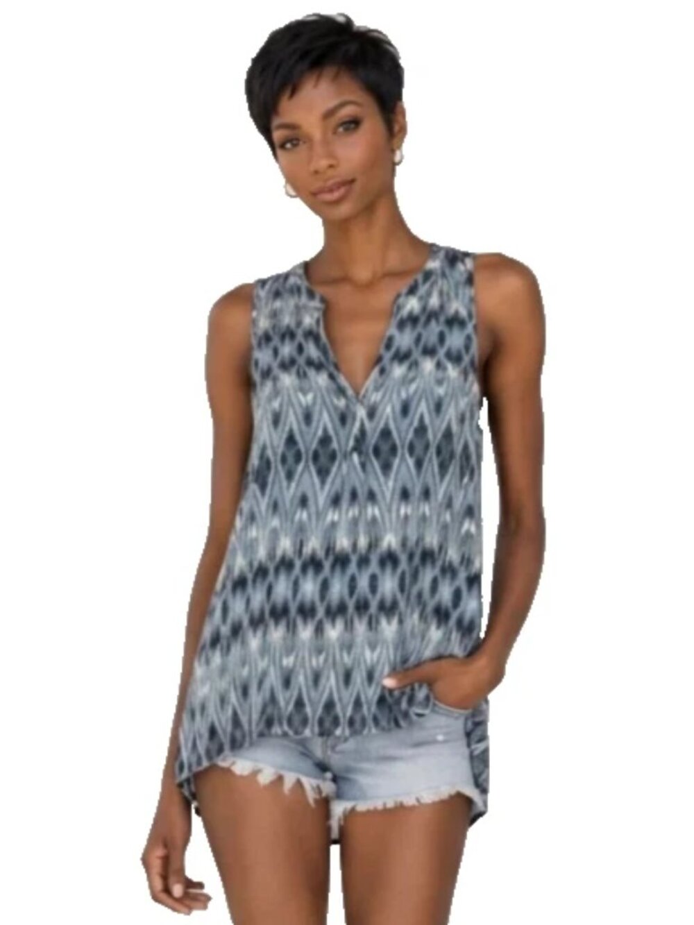 Joie Aruna Ikat Printed Silk Sleeveless Top Dark Navy Blue Sz XS X-Small